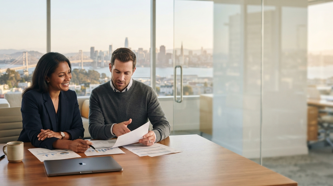 Orbit Trystel advisor reviewing a retiree's portfolio data on screen
